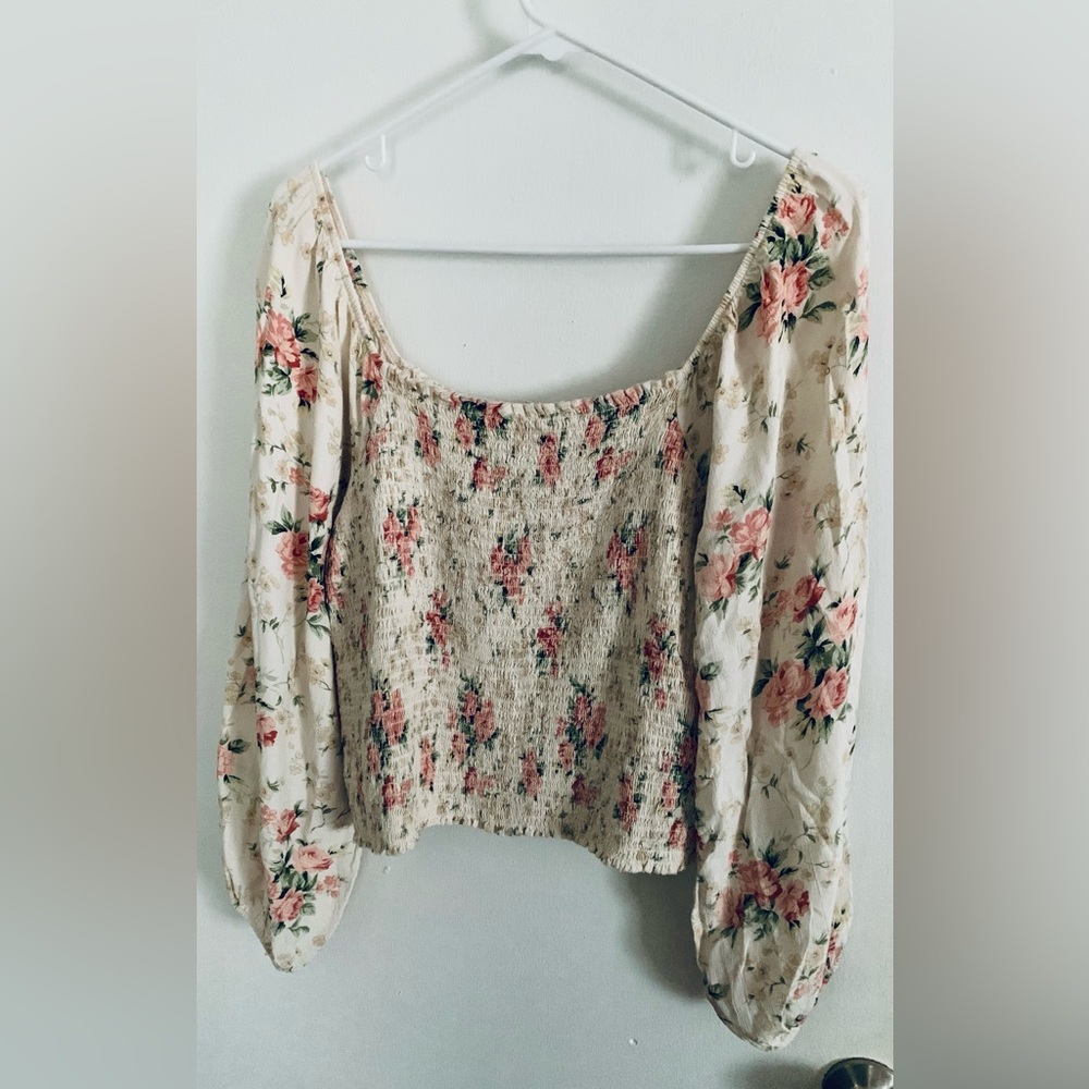 American Eagle Outfitters Cream Floral Smocked Top